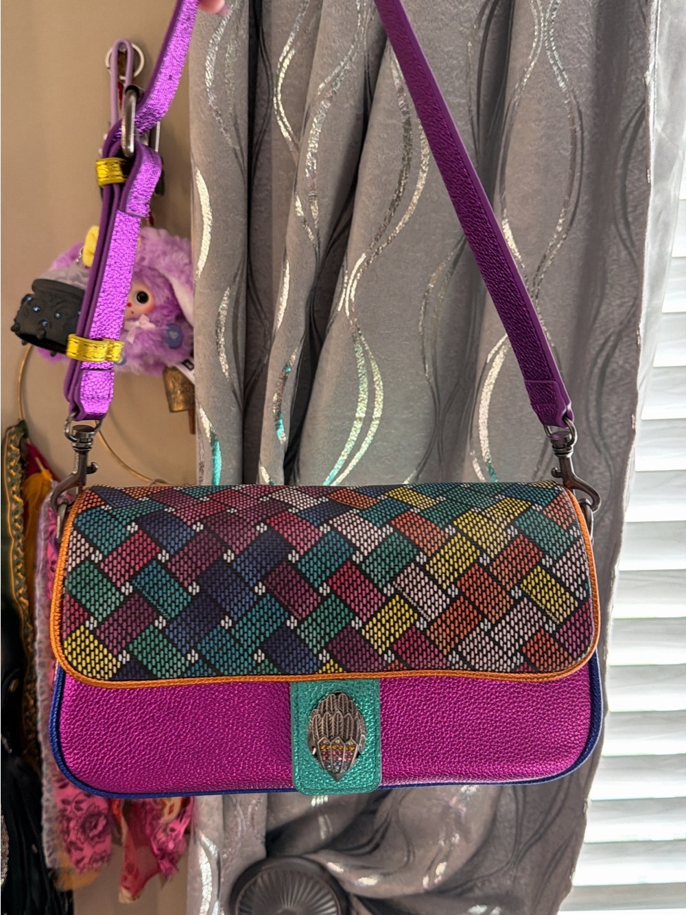 Kurt Geiger Purple Crossbody Bag with Multicolor Woven Flap Euc no flaws at all - Picture 8 of 8
